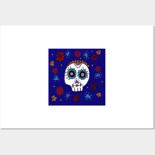 Sugar Skull and Roses blue background Posters and Art